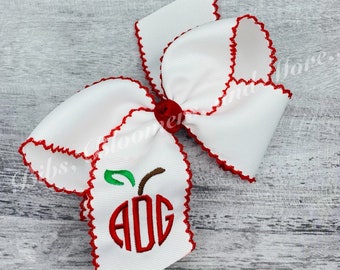 Apple Monogram Back to School Hair Bow,  Embroidered School Bow, Personalized Hair Bow