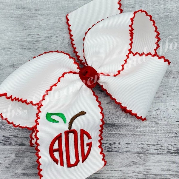 Apple Monogram Back to School Hair Bow,  Embroidered School Bow, Personalized Hair Bow