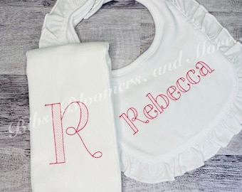 Sketch Embroidered Name Bib and Initial Burp Cloth Set