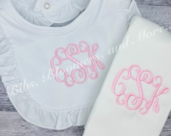 Monogram Embroidered Bib and Burp Set