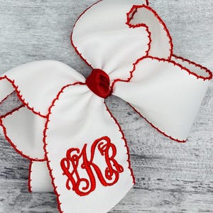 Moonstitch Monogrammed Hair Bow white w/red