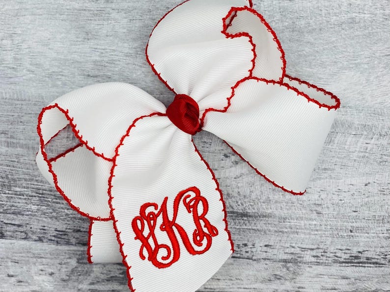 Moonstitch Monogrammed Hair Bow white w/red