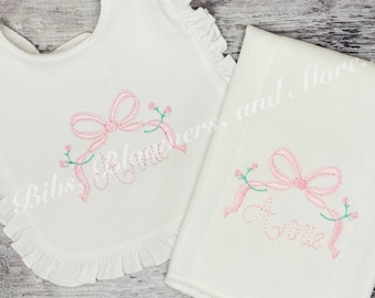 Bow and Rosebuds Embroidered Bib and Burp Cloth Set with Name or Monogram
