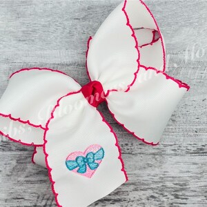 Large Valentines Heart with Bow Embroidered Hair Bow, Valentines Hair Bow