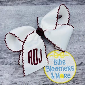 Moonstitch Monogrammed Hair Bow white w/maroon