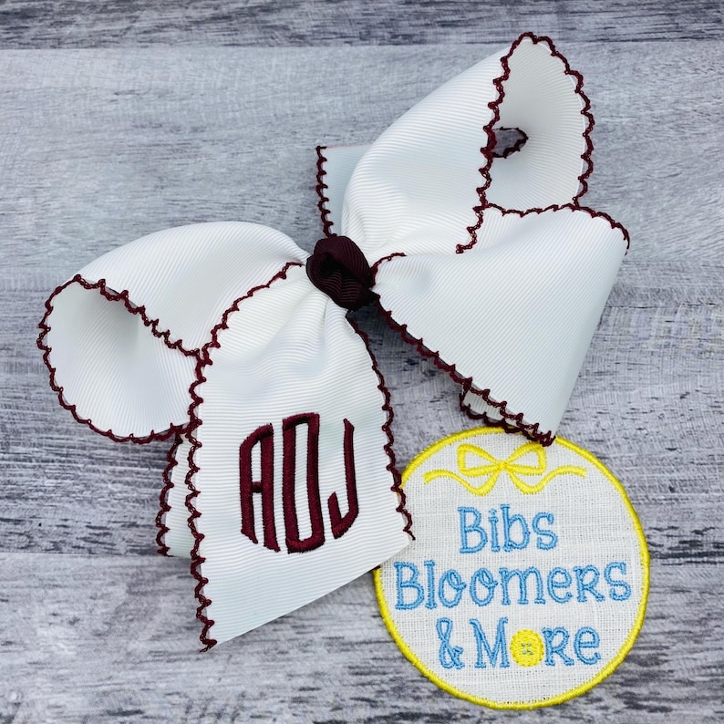 Moonstitch Monogrammed Hair Bow white w/maroon