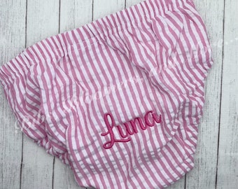 Girls Seersucker Diaper Cover, Personalized Bloomers