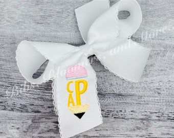 Pencil Monogram Back To School Moonstitch Hair Bow, Embroidered Bow, Personalized Hair Bow