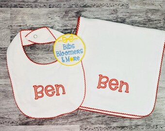 Picot Trimmed Bib and Burp Cloth Set with Embroidered Name or Monogram