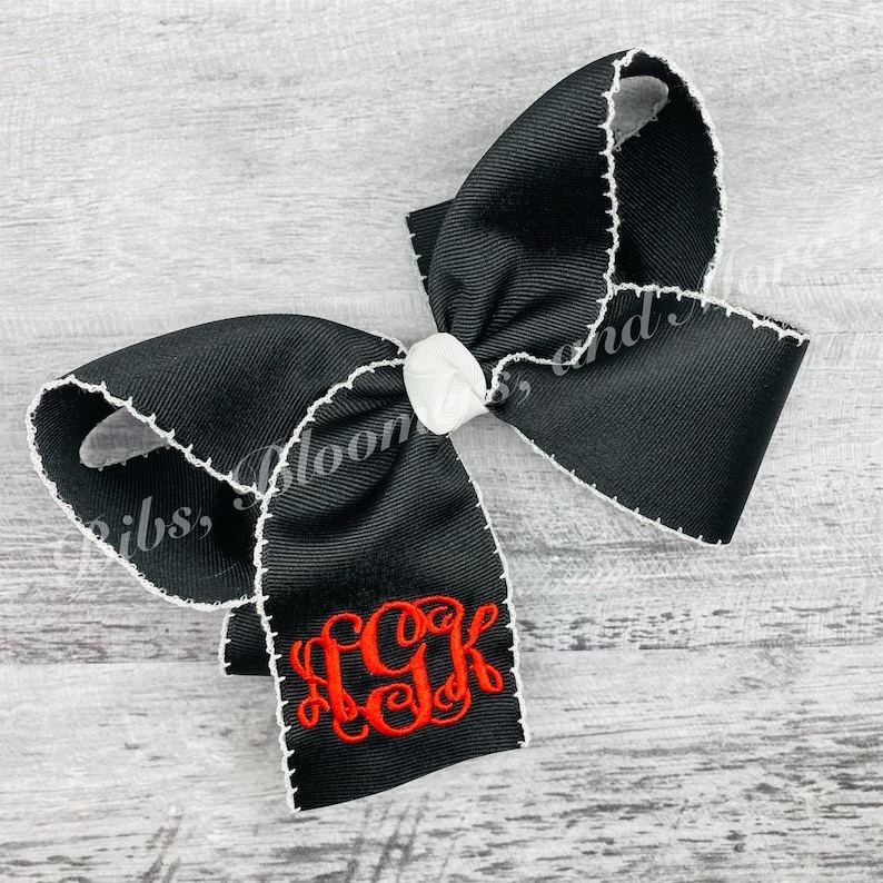 Moonstitch Monogrammed Hair Bow Black w/white