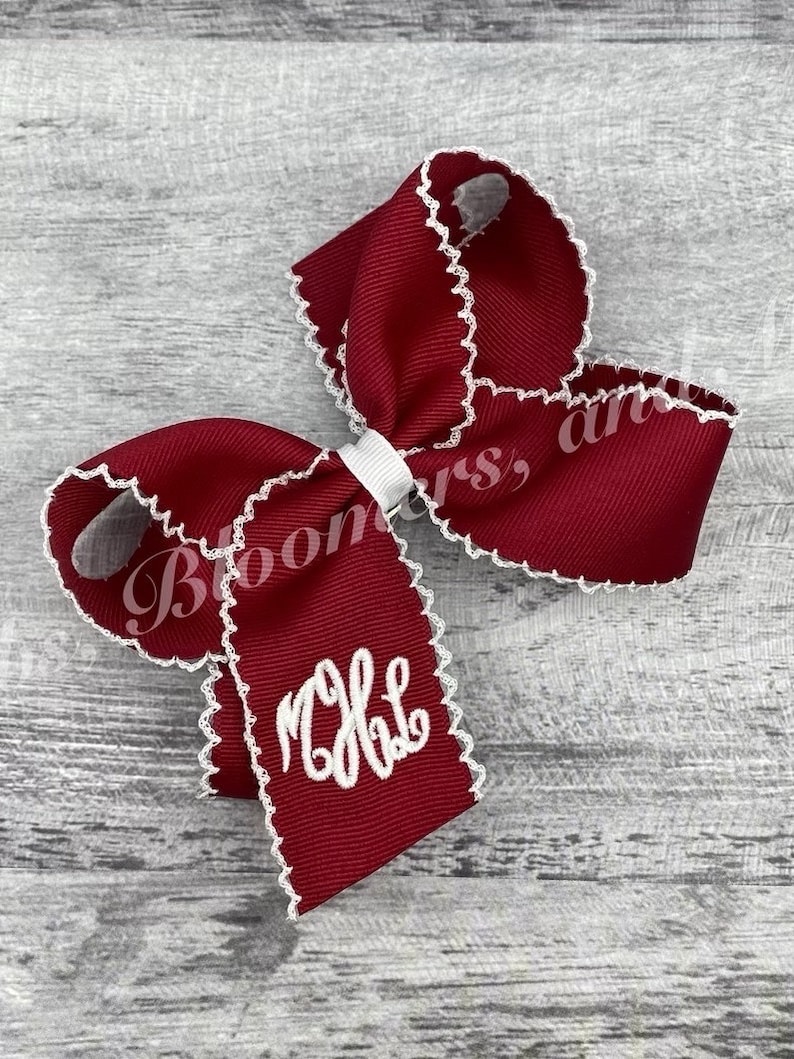 Moonstitch Monogrammed Hair Bow Cranberry/white