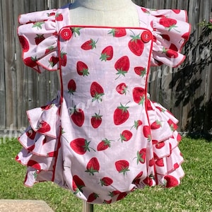 Strawberry Ruffled Bottom Baby Romper, Baby Sunsuit, Monogrammed Romper, Personalized Romper