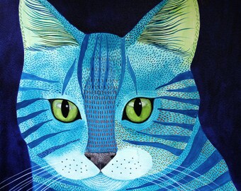 May include: A close-up of a blue cat illustration with green eyes. The cat has blue stripes and a dark blue background. The cat's fur is detailed with various shades of blue and green.