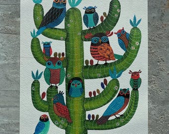 Saguaro Owls giclee print