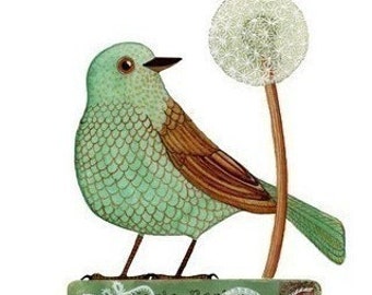 Könnte beinhalten: Eine skurrile Illustration eines türkisfarbenen Vogels mit braunen Flügeln, der auf einem grünen Sockel sitzt. Der Vogel befindet sich neben einem flauschigen weißen Löwenzahn. Der Sockel hat ein Vintage-Postkartendesign mit weißen Wirbeln und Text.