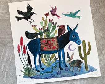 Burro & Friends Watercolor Art Print, Southwest Illustration