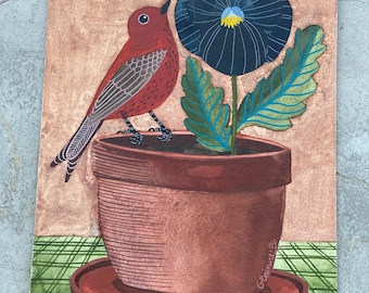 Red Bird on Pot Watercolor original