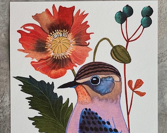 Poppy Bird Watercolor Art Print, Southwest Illustration