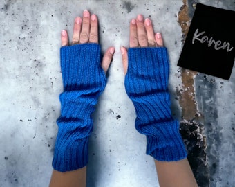 Royal Blue Knitted Arm Warmers - Personalised Bag - Vegan Friendly Cosy Fingerless Wrist Hand Gloves Girls Knit Soft Custom Name Gift