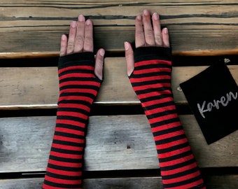 Stripey Black Red Arm Warmers - Personalised Bag - Vegan Halloween Emo Striped Fingerless Hand Gloves Fancy Dress Girls Custom Name Gift