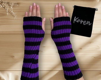 Thick Stripey Black Purple Arm Warmers Personalised Bag Vegan Halloween Emo Striped Fingerless Hand Gloves Fancy Dress Custom Name Gift