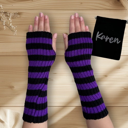 Striped Fingerless Arm Warmers: Black Purple Vegan Gloves