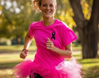 Cancer Ribbon T Shirt Ladies Womens Girls Running Race Run Top For Life 5K Breast Charity Awareness Event Month October Group Fundraise Tops