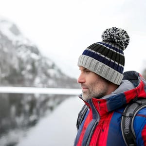 Complicated Knitted Bobble Hat - Super Warm Grey Black Navy Striped Fully Fleece Lined Winter Nordic 3 Peaks Welsh Bobble Hat