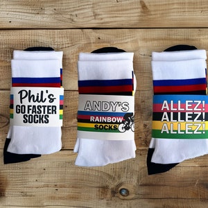Personalised Cycling Socks - Rainbow Stripes Cyclist Fathers Day Bike Road Mountain Cycle Custom Name Birthday Gift Idea For Him Her Mum Dad