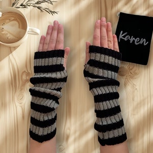 Striped Arm Warmers: Vegan Knitted Fingerless Gloves