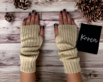 Champagne Knitted Arm Warmers - Personalised Bag - Vegan Friendly Cosy Fingerless Wrist Hand Gloves Trendy Girls Knit Soft Custom Name Gift