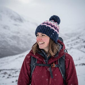 May include: A woman wearing a navy blue knit hat with a pink and white geometric pattern and a dark blue pom-pom. She is wearing a burgundy jacket and a backpack, smiling in a snowy mountain landscape.
