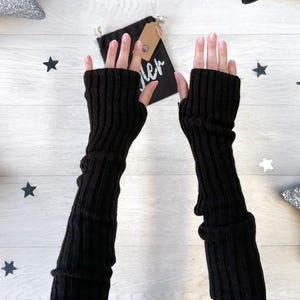 Super Long Black Knitted Arm Warmers - Personalised Bag - Vegan Cosy Fingerless Wrist Hand Gloves Trendy Girls Knit Soft Custom Name Gift