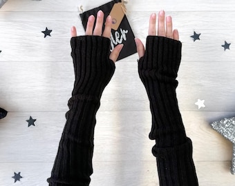Calentadores de brazos de punto negros – Guantes veganos sin dedos, regalo personalizado