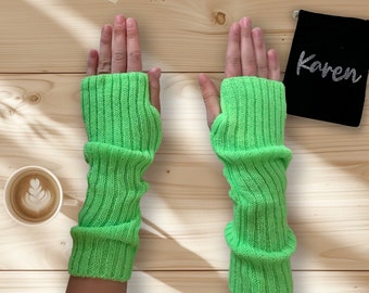 Bright Green 80s 90s Party Arm Warmers - Personalised Bag Vegan Friendly Knitted Fingerless Hand Gloves Girls Knit Soft Custom Name Gift