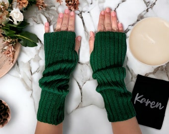 Bottle Green Knitted Arm Warmers - Personalised Bag - Vegan Friendly Cosy Fingerless Wrist Hand Gloves Girls Knit Soft Custom Name Gift