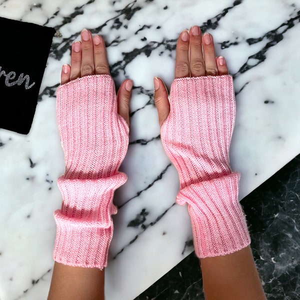 Light Pink Knitted Arm Warmers - Personalised Bag - Vegan Friendly Cosy Fingerless Wrist Hand Gloves Girls Knit Soft Custom Name Gift