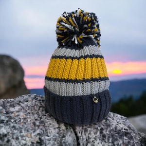 Grow Up Knitted Bobble Hat - Super Warm Mustard Grey Black Navy Striped Fully Fleece Lined Winter Nordic 3 Peaks Welsh Bobble Hat