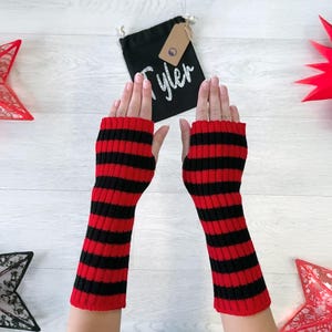 Thick Stripey Black Red Arm Warmers - Personalised Bag Vegan Halloween Emo Striped Fingerless Hand Gloves Fancy Dress Girls Custom Name Gift
