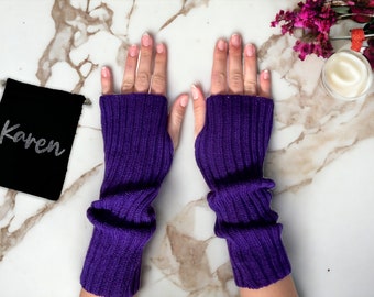 Deep Purple Knitted Arm Warmers - Personalised Bag - Vegan Friendly Cosy Fingerless Wrist Hand Gloves Girls Knit Soft Custom Name Gift