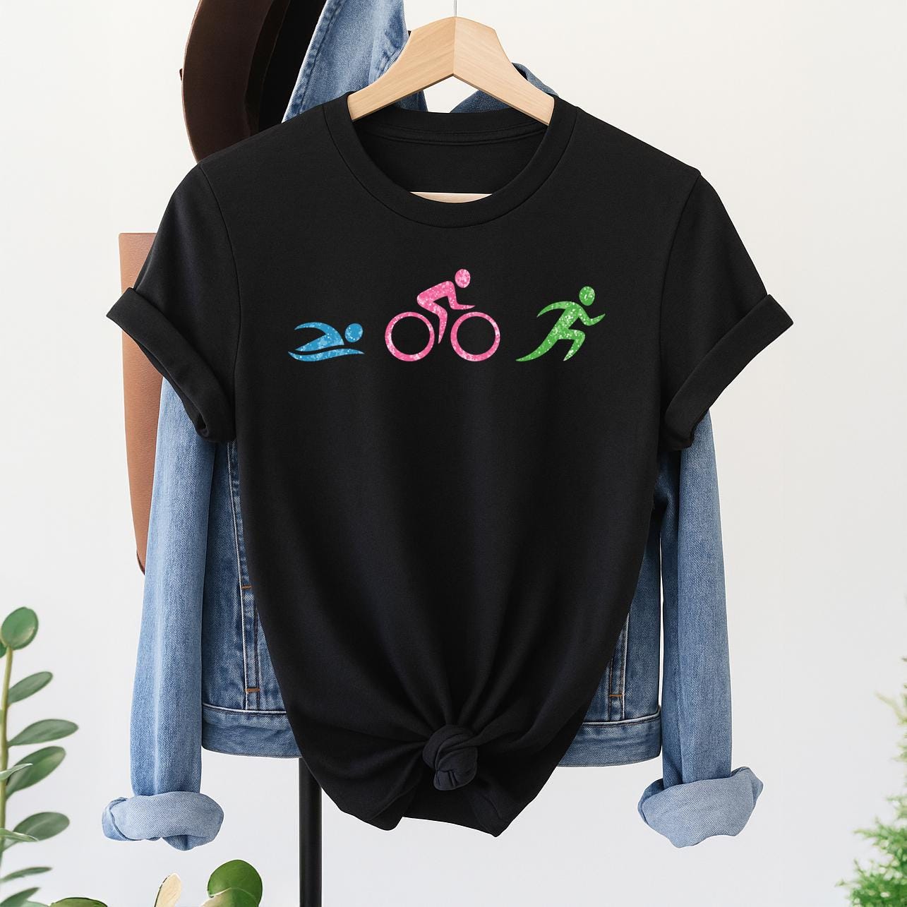 Triangle Icons Glitzer T-Shirt: Swim Bike Run Geschenk