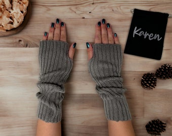 Platinum Knitted Arm Warmers - Personalised Bag - Vegan Friendly Cosy Fingerless Wrist Hand Gloves Trendy Girls Knit Soft Custom Name Gift