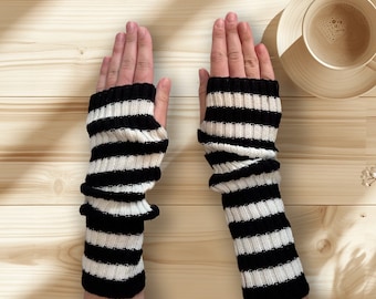 Thick Stripey Black White Arm Warmers Personalised Bag Vegan Halloween Emo Striped Fingerless Hand Gloves Fancy Dress Girls Custom Name Gift