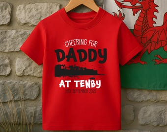 Kids Cheering For Daddy at Tenby Tshirt Wales Triathlon 140.6 T Shirt 2025 Boys Girls Uncle Custom Name Personalised Supporters Tops