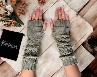 Thick Platinum Knitted Arm Warmers - Personalised Bag - Vegan Friendly Cosy Fingerless Wrist Hand Gloves Girls Knit Soft Custom Name Gift