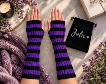 Striped Fingerless Arm Warmers: Black & Purple Vegan Gloves - Etsy