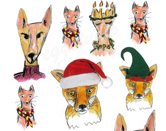 Christmas Foxes, Collage images for planner journal, Animal, printable, PDF images, downloadable, collage printable