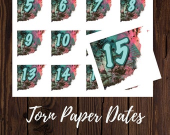 Torn paper Printable Dates, Colorful collage bits , Day of the week numbers, Calendar dates, Collage Printable