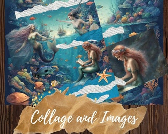 Collage and images for art and journaling , digital collage printable, Mermaid images clip art