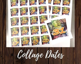 Printable Dates, Colorful collage bits , Day of the week numbers, Calendar dates, Collage Printable